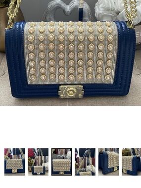 ✨Glitzy Gold & Pearl Embellished Navy and Gold Chain Shoulder Bag✨NWT